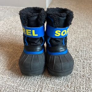 Sorel Kids' Black and Blue Snow Boots with Yellow Accents